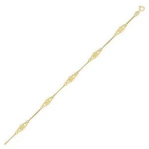 14k Yellow Gold Anklet with Fancy Diamond Shape Filigree Stations, size 10''