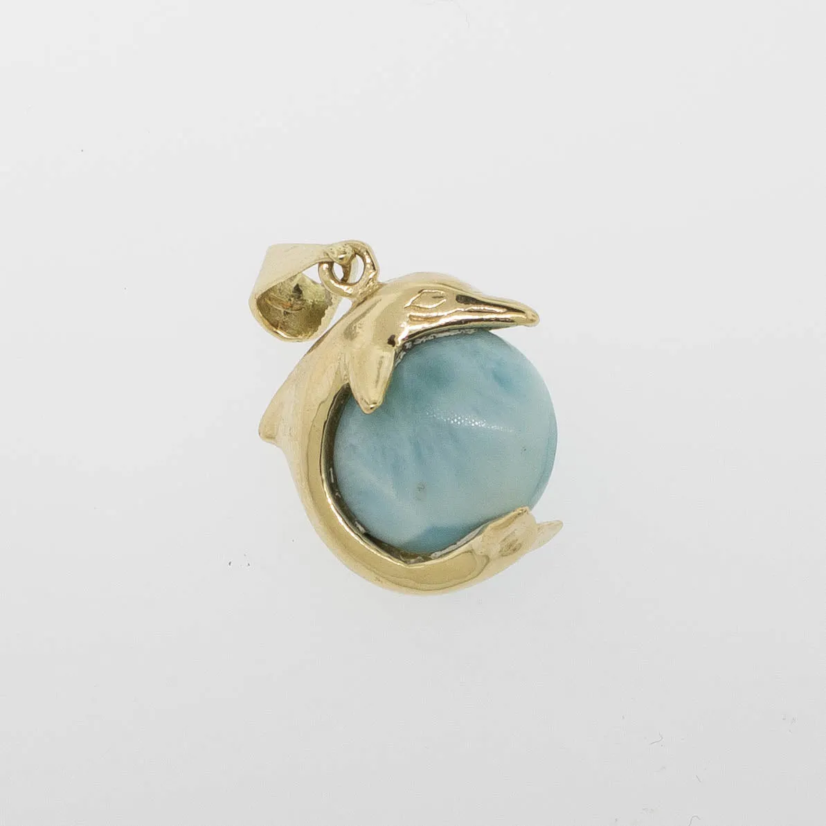 14K Yellow Gold Larimar Stone Inside of Dolphin Pendant Preowned Jewelry