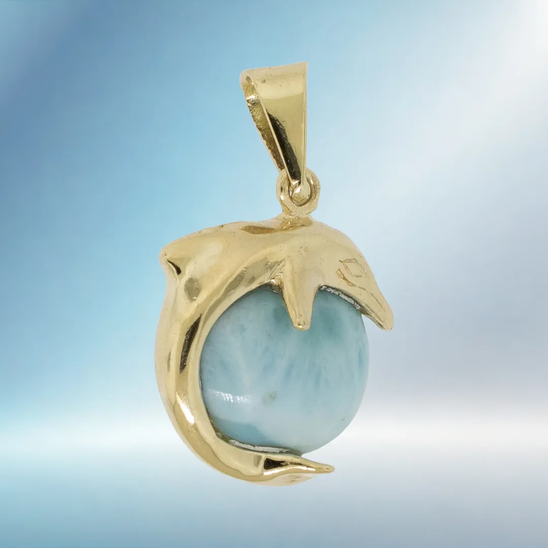 14K Yellow Gold Larimar Stone Inside of Dolphin Pendant Preowned Jewelry