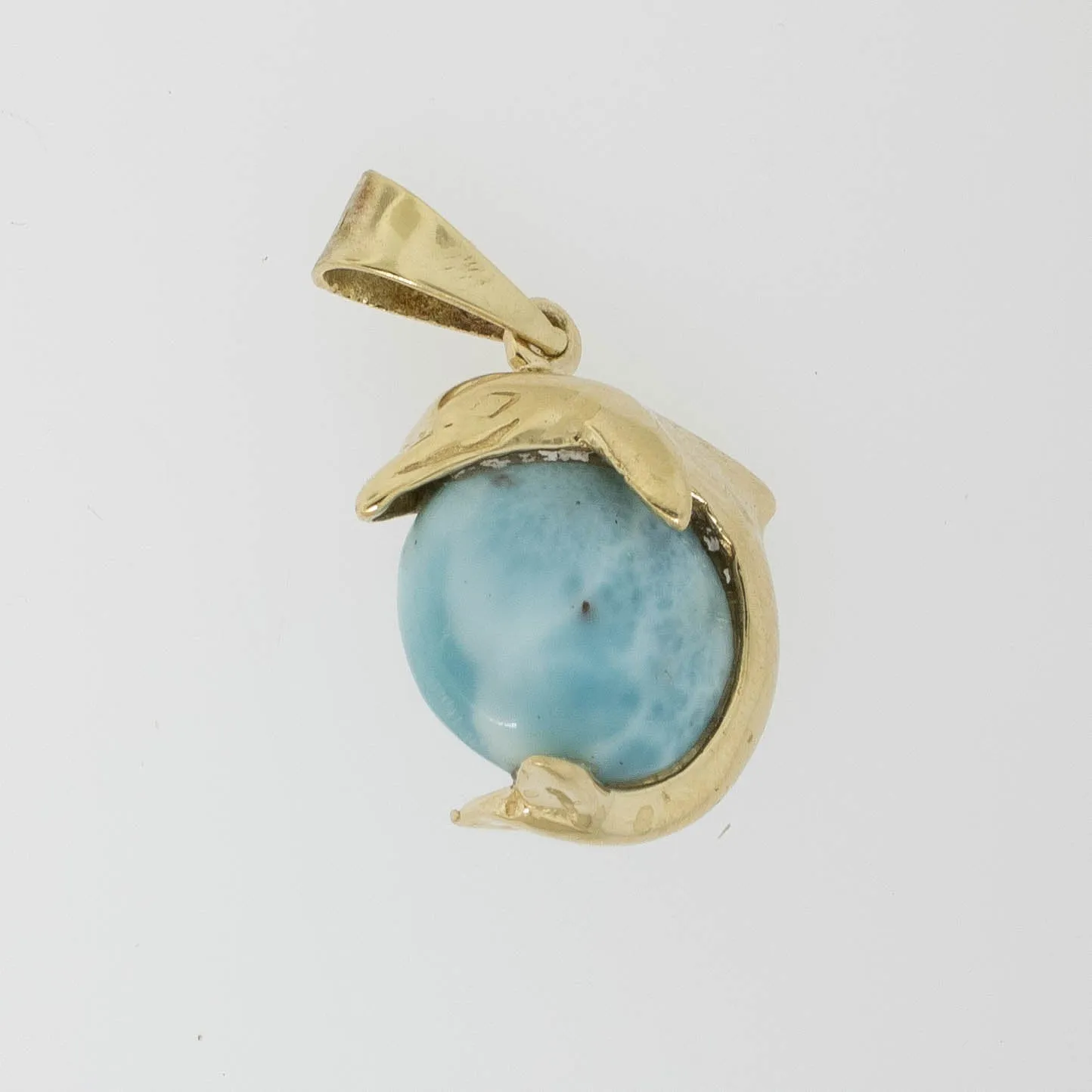 14K Yellow Gold Larimar Stone Inside of Dolphin Pendant Preowned Jewelry