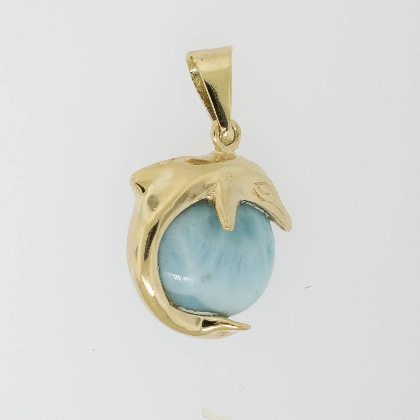 14K Yellow Gold Larimar Stone Inside of Dolphin Pendant Preowned Jewelry