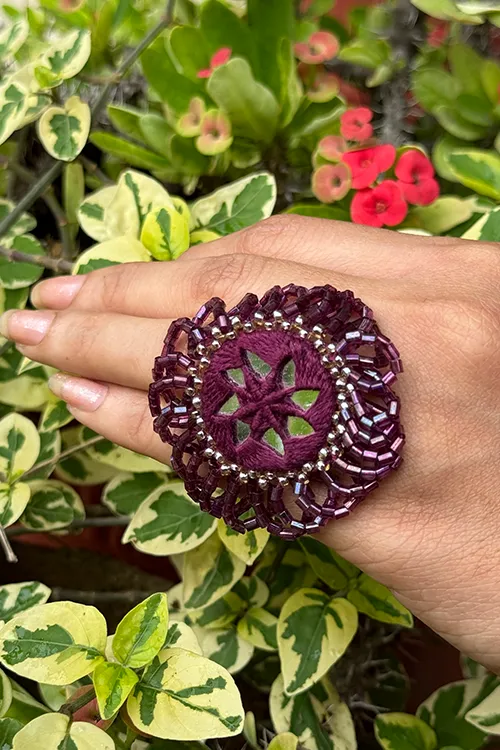 Antarang-Jamun Phool (Wine) ,Bead Jumki Ring,  100% Cotton. Hand Made By Divyang Rural Women.