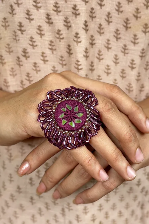 Antarang-Jamun Phool (Wine) ,Bead Jumki Ring,  100% Cotton. Hand Made By Divyang Rural Women.