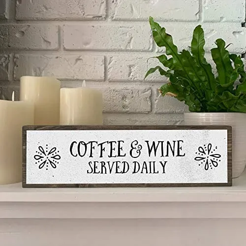 ANVEVO Coffee and Wine Served Daily - Handmade Metal Wood Coffee Sign – Cute Rustic Wall Decor Art - Farmhouse Decorations – Coffee Signs for Home Decor