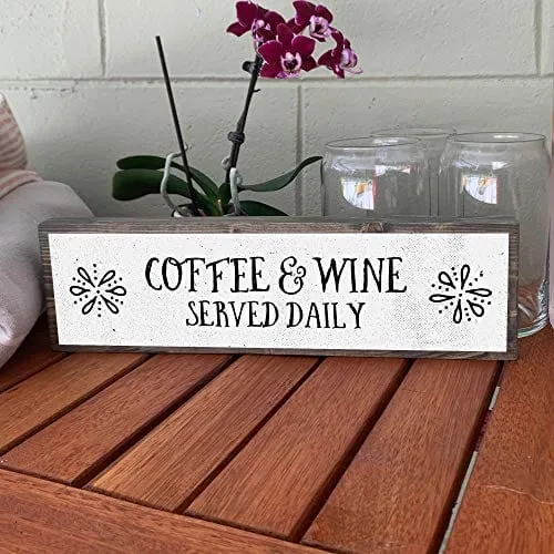 ANVEVO Coffee and Wine Served Daily - Handmade Metal Wood Coffee Sign – Cute Rustic Wall Decor Art - Farmhouse Decorations – Coffee Signs for Home Decor