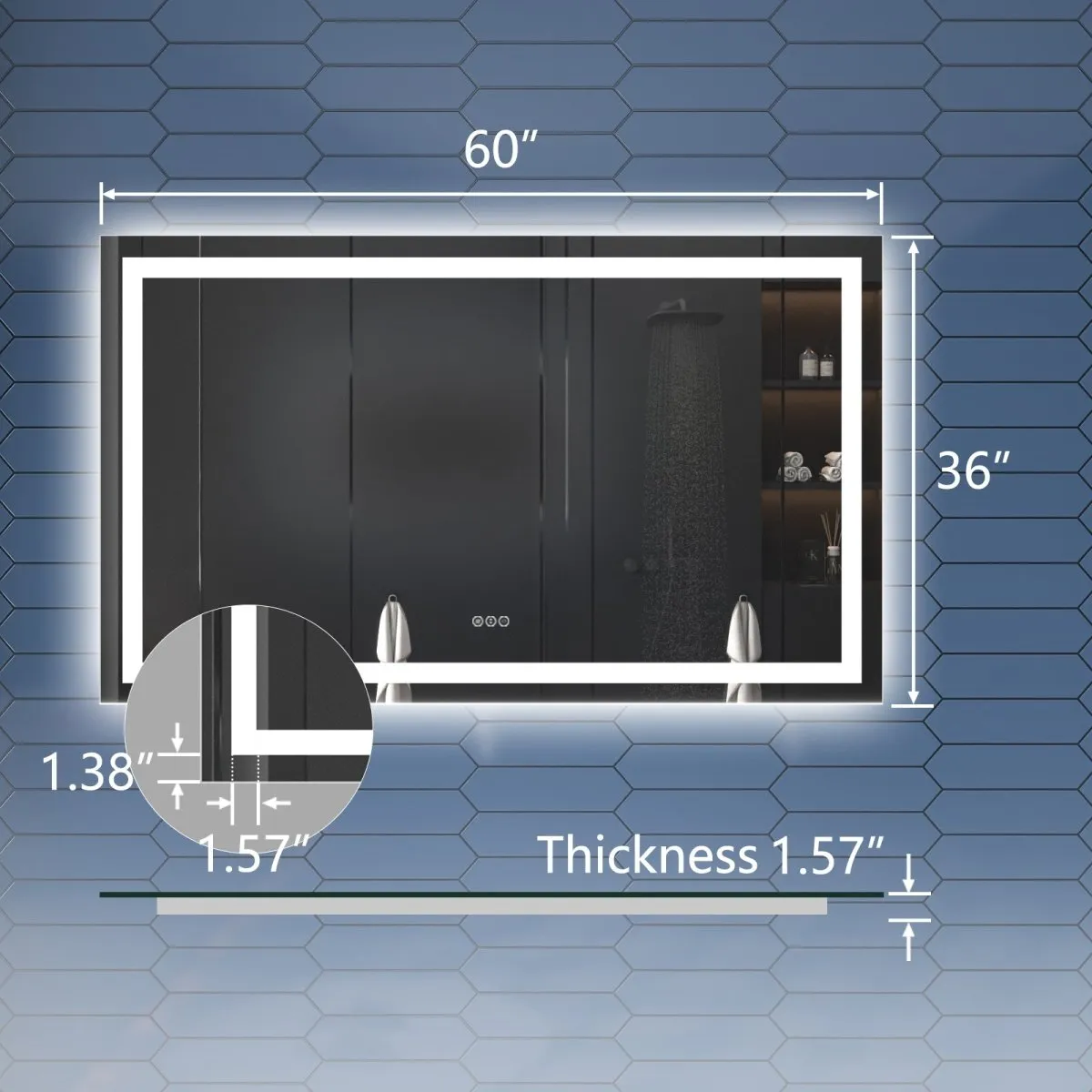 Apex 60" W x 36" H LED Heated Bathroom Mirror,Anti Fog,Dimmable,Dual Lighting Mode,Tempered Glass