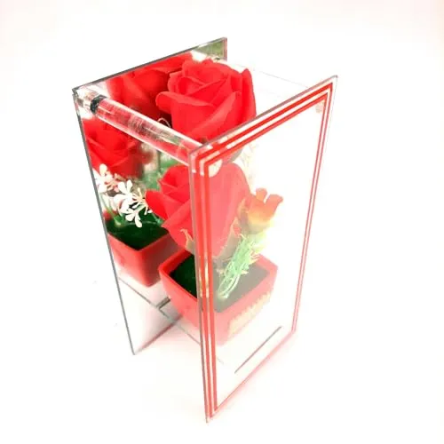 Apka Mart The Online Shop Flowerpot with Rose Flowers Showpiece Enclosed in Mirror Panels - for Home, Table, Shelf Decor & Gifts - 8 Inch