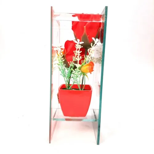 Apka Mart The Online Shop Flowerpot with Rose Flowers Showpiece Enclosed in Mirror Panels - for Home, Table, Shelf Decor & Gifts - 8 Inch