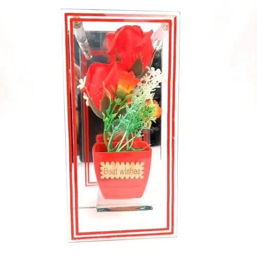 Apka Mart The Online Shop Flowerpot with Rose Flowers Showpiece Enclosed in Mirror Panels - for Home, Table, Shelf Decor & Gifts - 8 Inch