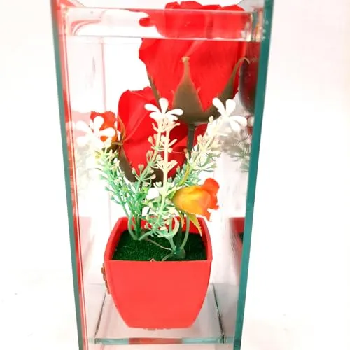 Apka Mart The Online Shop Flowerpot with Rose Flowers Showpiece Enclosed in Mirror Panels - for Home, Table, Shelf Decor & Gifts - 8 Inch