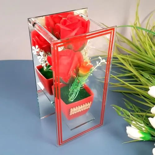 Apka Mart The Online Shop Flowerpot with Rose Flowers Showpiece Enclosed in Mirror Panels - for Home, Table, Shelf Decor & Gifts - 8 Inch