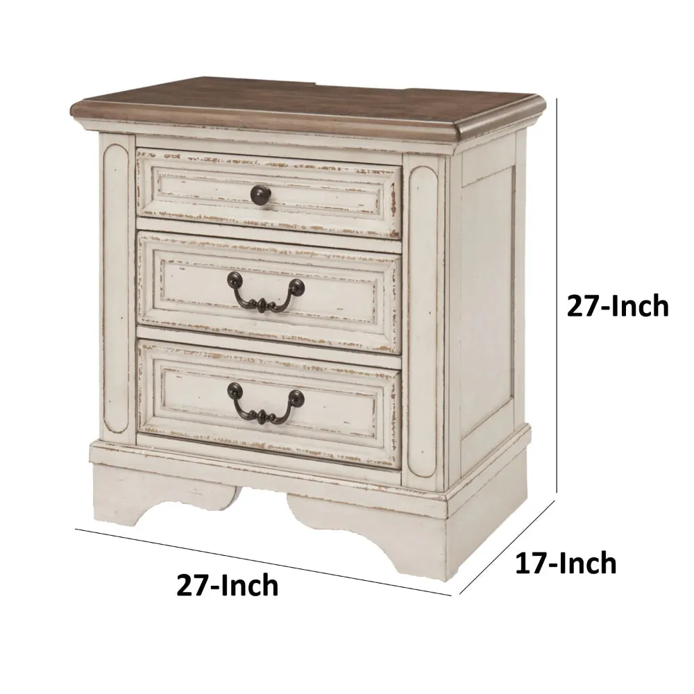 Beny 27 Inch Nightstand with 3 Drawers, Black Handles, White Wood Finish By Casagear Home