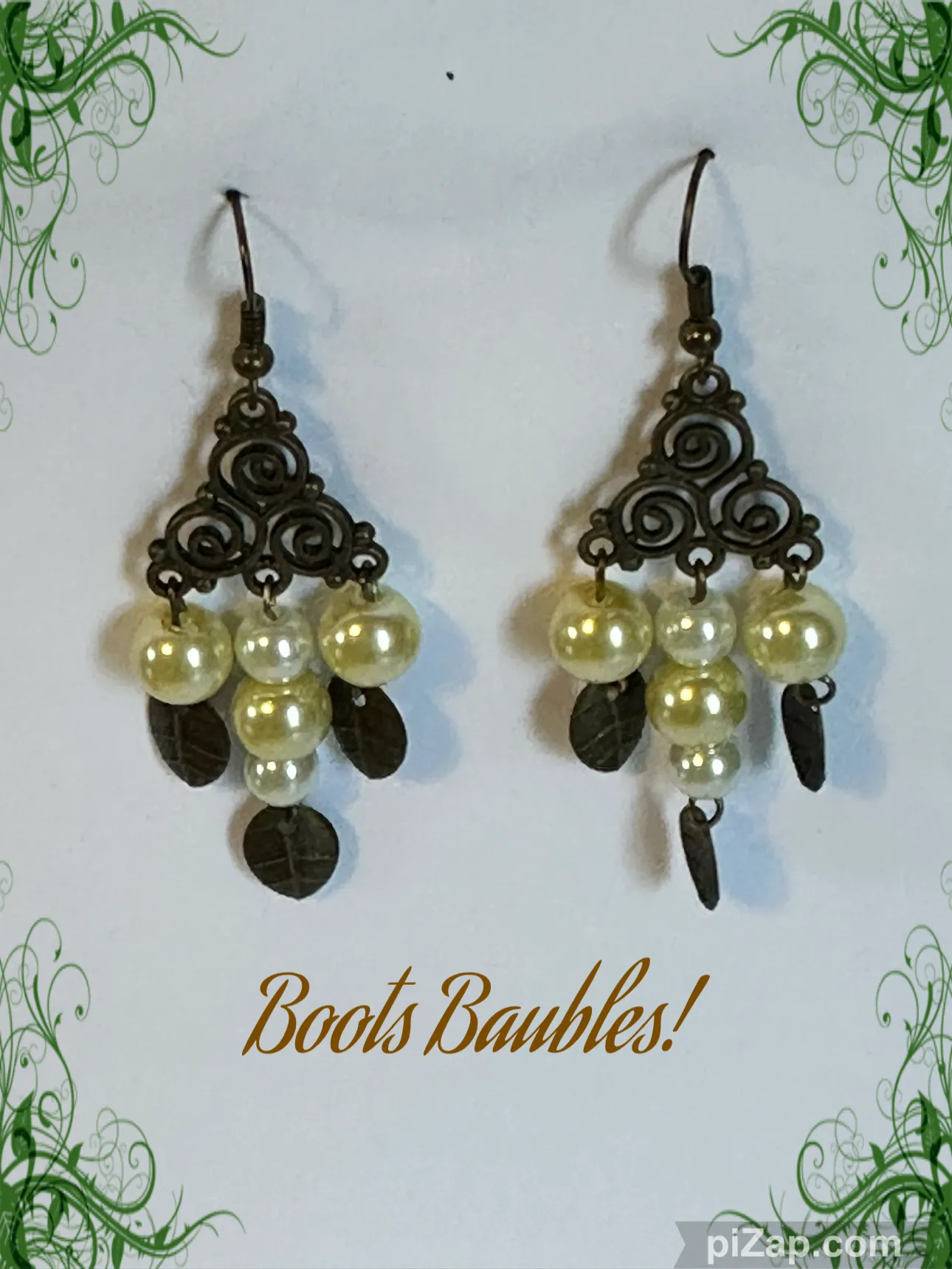 Brown filigree chandelier pearl and leaf earrings