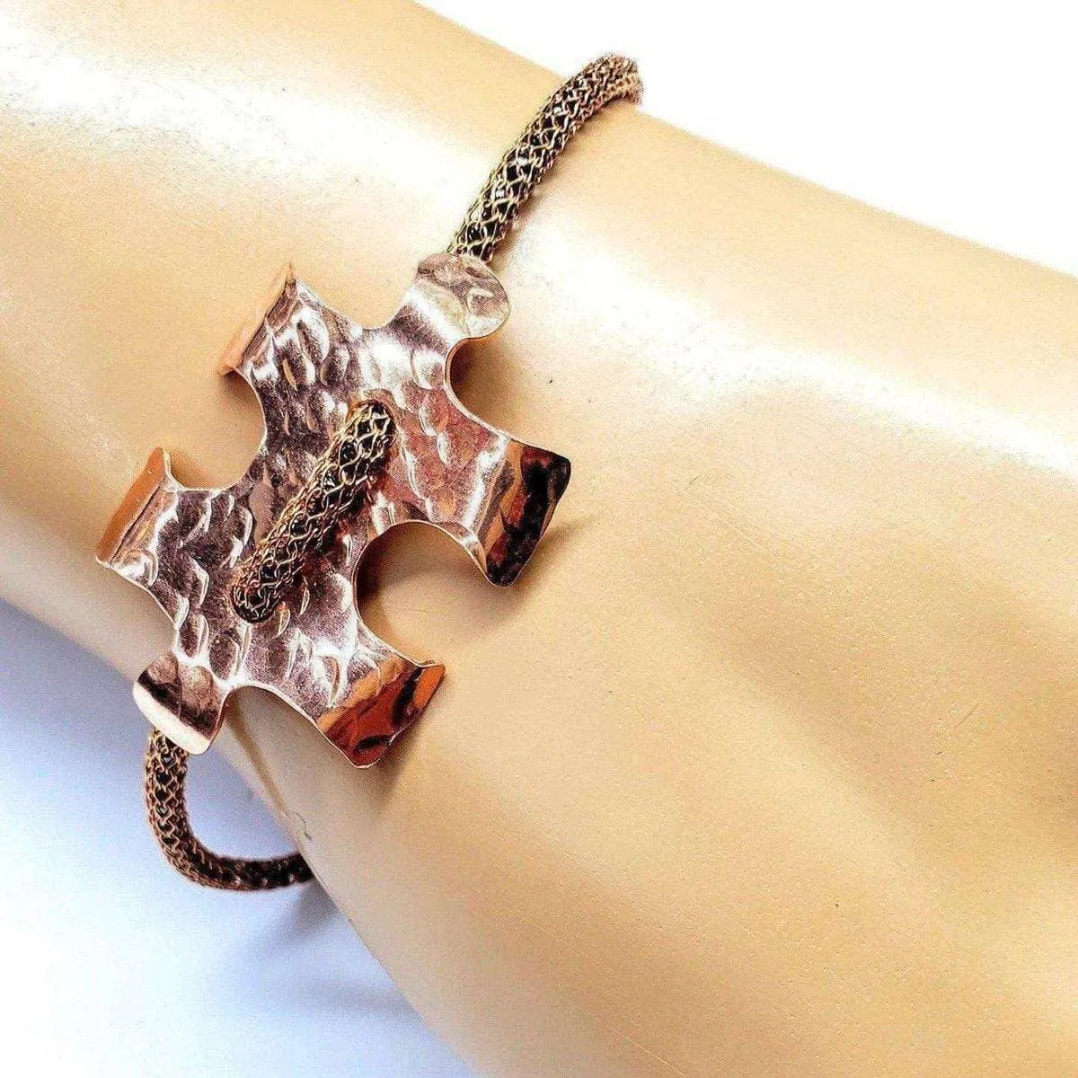 Copper Puzzle Piece Button Viking Knit Autism Awareness Bracelet