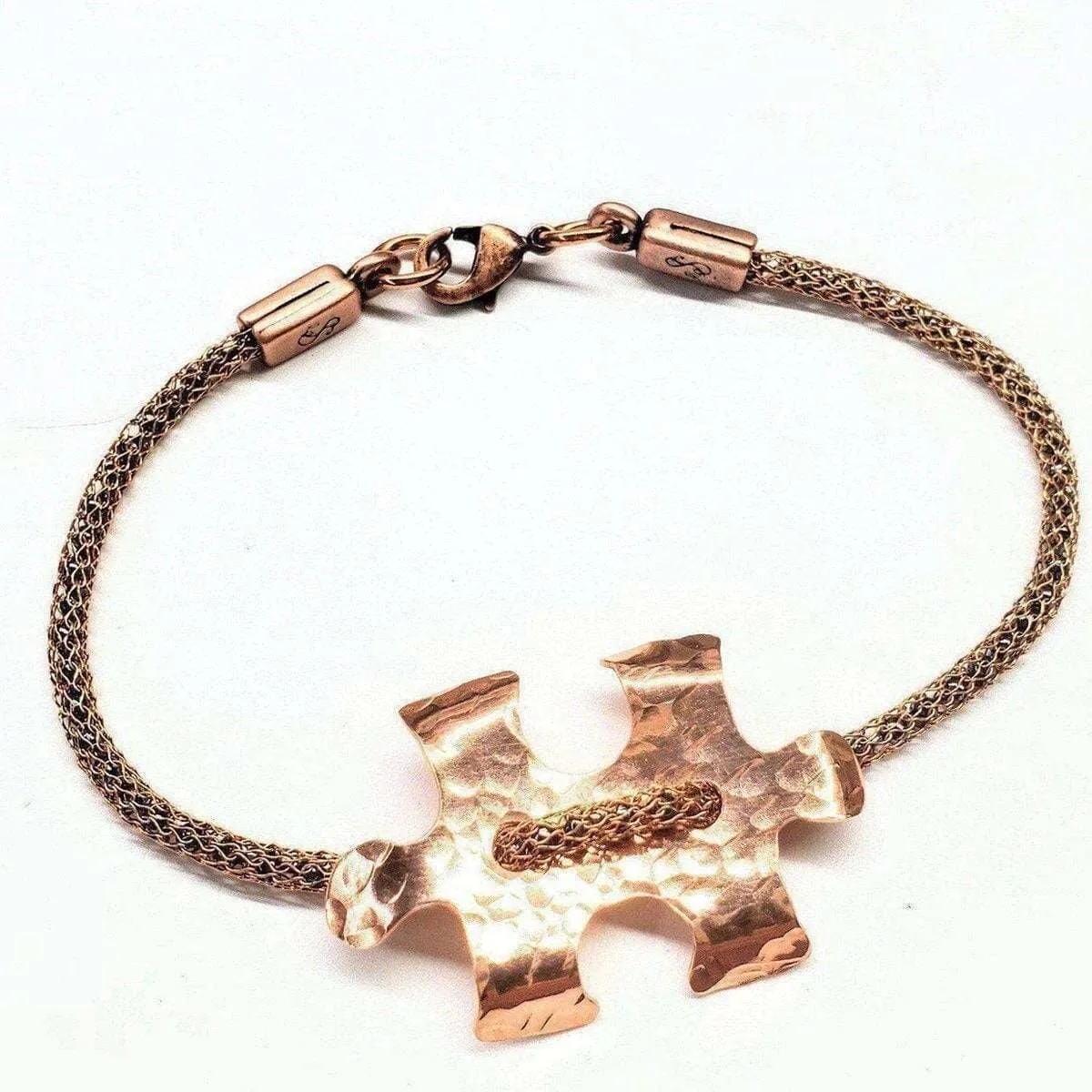 Copper Puzzle Piece Button Viking Knit Autism Awareness Bracelet