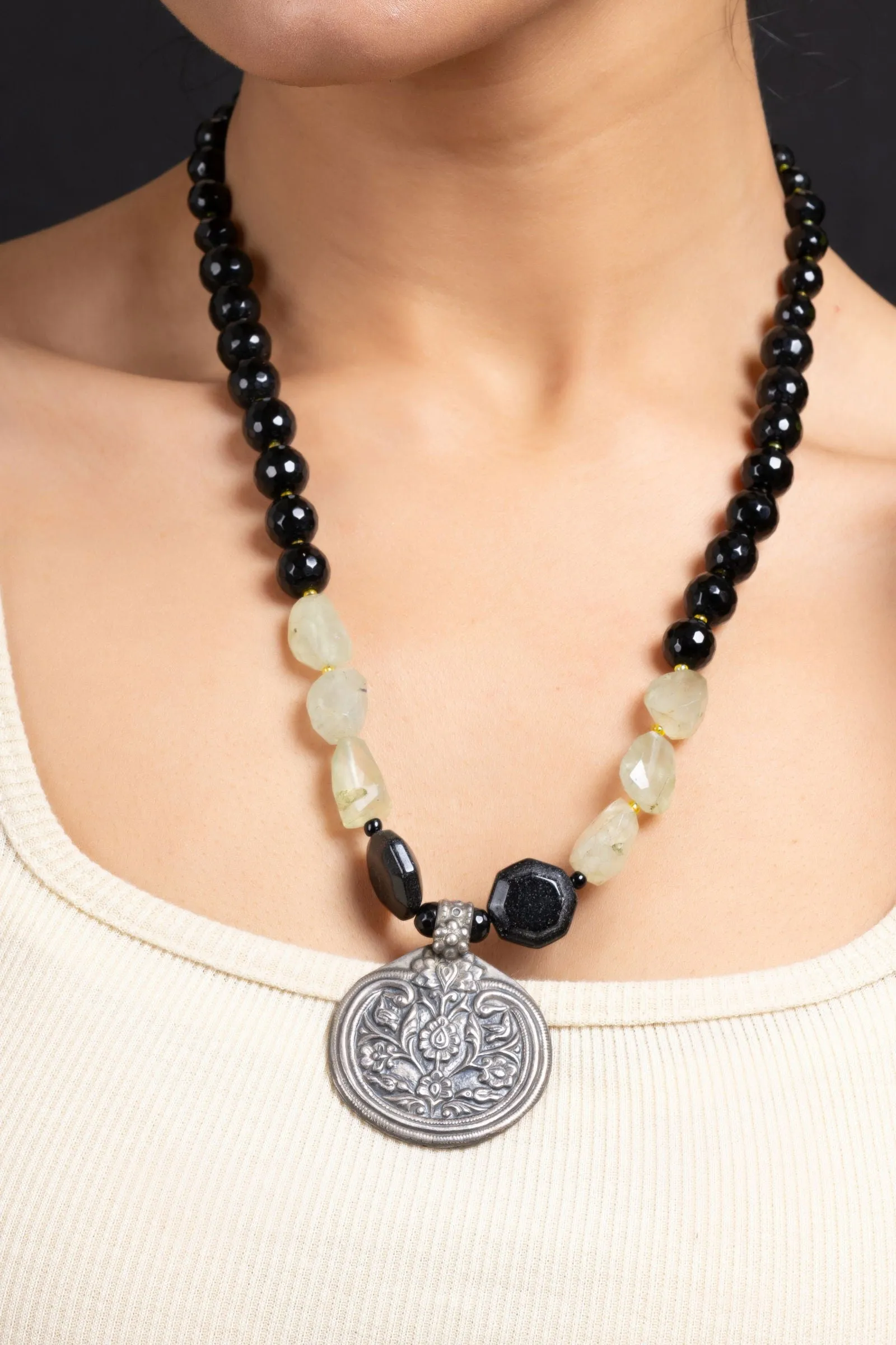 Elegant 925 Pure Silver Pendant Necklace with Green Black Semi-Precious Stone, Handcrafted Design