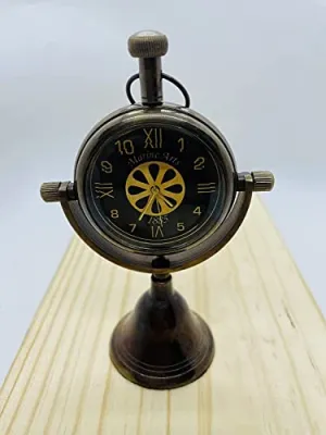 FH FamousHub| Handmade Antique Brass Desk and Table Clock for Home and Office Table Decor Clock, 4 Inch Brass Dark Brown Table Clock.