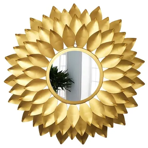 Furnish Craft Glass Beautiful Sun Burst Designer Leaf Wall Round Mirror (Gold, 18 X 18 Inch)