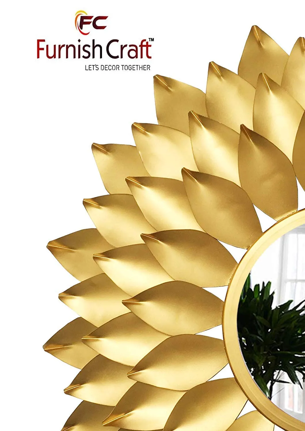 Furnish Craft Glass Beautiful Sun Burst Designer Leaf Wall Round Mirror (Gold, 18 X 18 Inch)