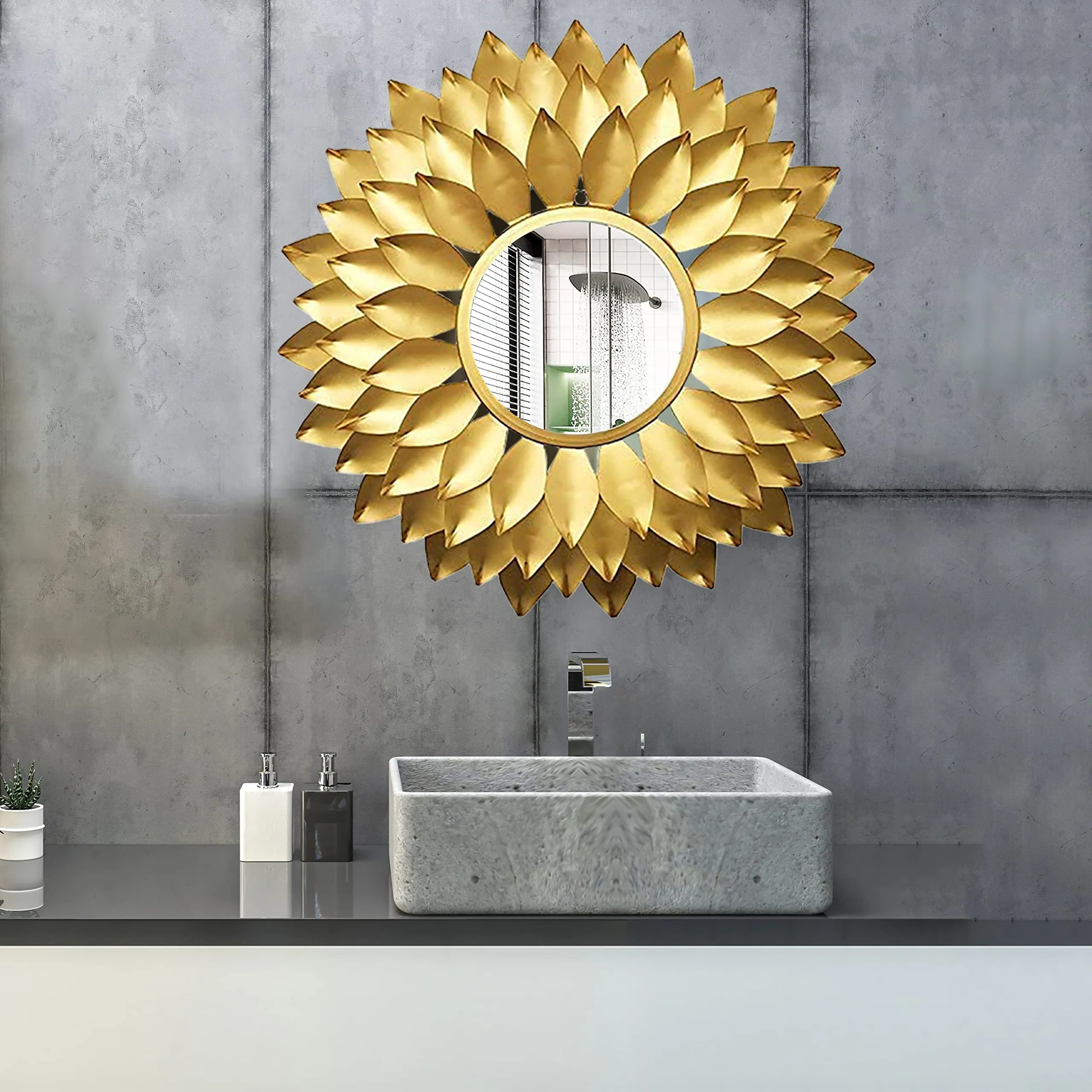 Furnish Craft Glass Beautiful Sun Burst Designer Leaf Wall Round Mirror (Gold, 18 X 18 Inch)