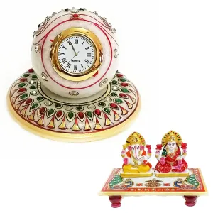 Handicraft Kingdom Marble Clock with Ganesha for Office, Home Living Room, Bedroom with Laxmi Ganesh Chowki| Approx Size (4 x 4 Inch) & Wt (600 Gm) Pack of 5