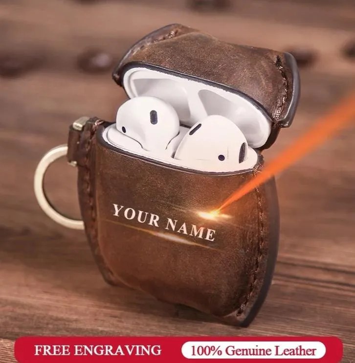 Handmade Airpods case w custom name , vintage tooled nubuck Genuine Leather,  Bluetooth Wireless Earphone cover Protective Skin Accessories