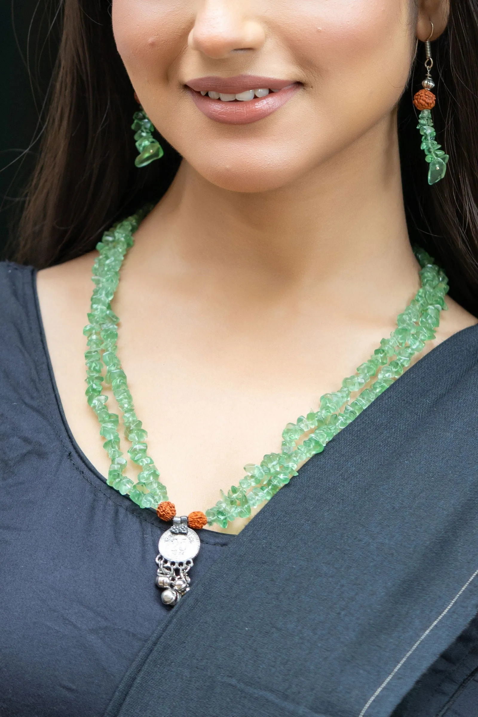 Handmade Green Stone Chips Rudraksh Coin Necklace with Earrings Jewelry Set