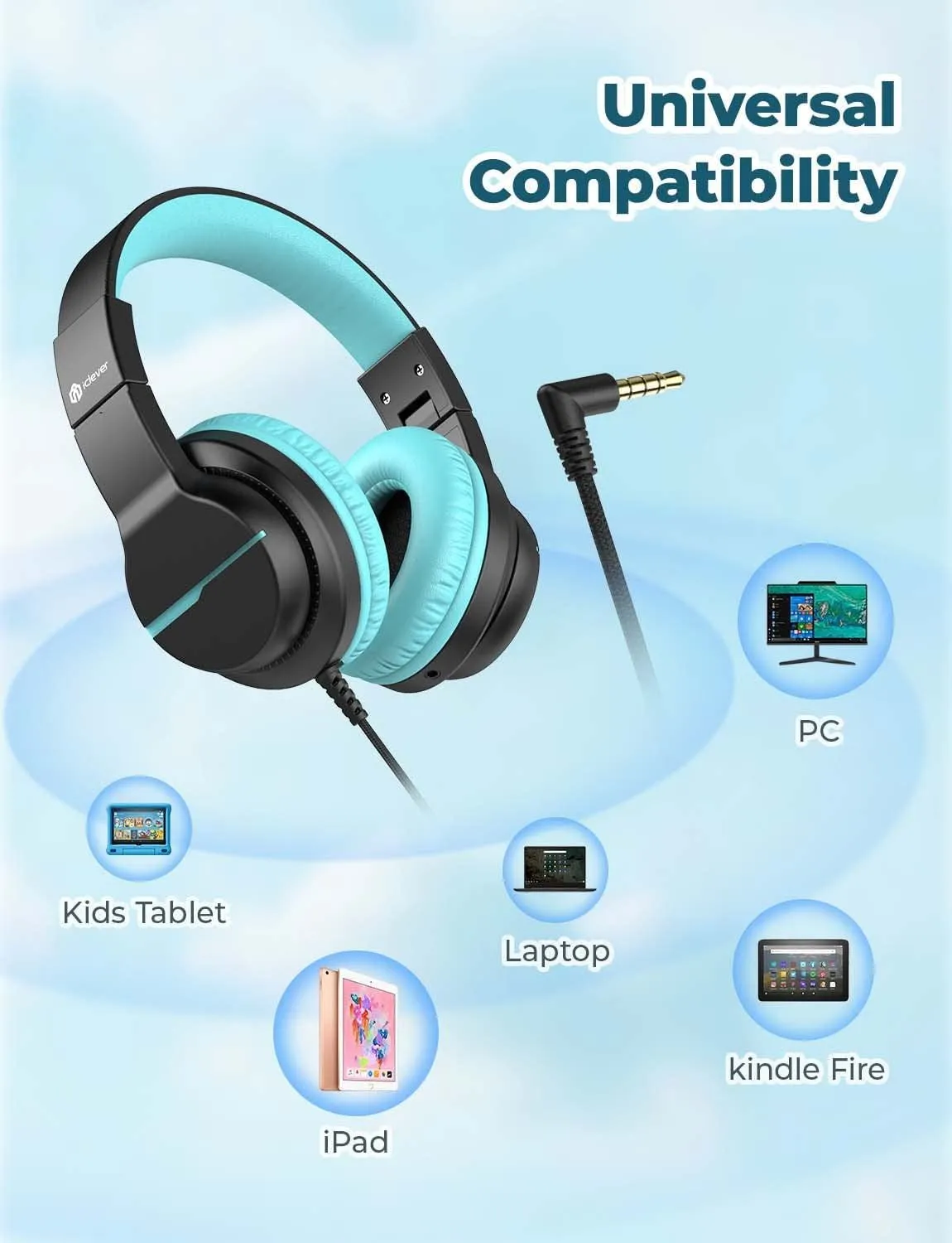 Iclever HS19 Kids Headphones with Microphone for School, Volume Limiter 85/94Db, Over-Ear Girls Boys Headphones for Kids with Shareport, Foldable Wired Headphones for Ipad/Fire Tablet/Travel (Black)