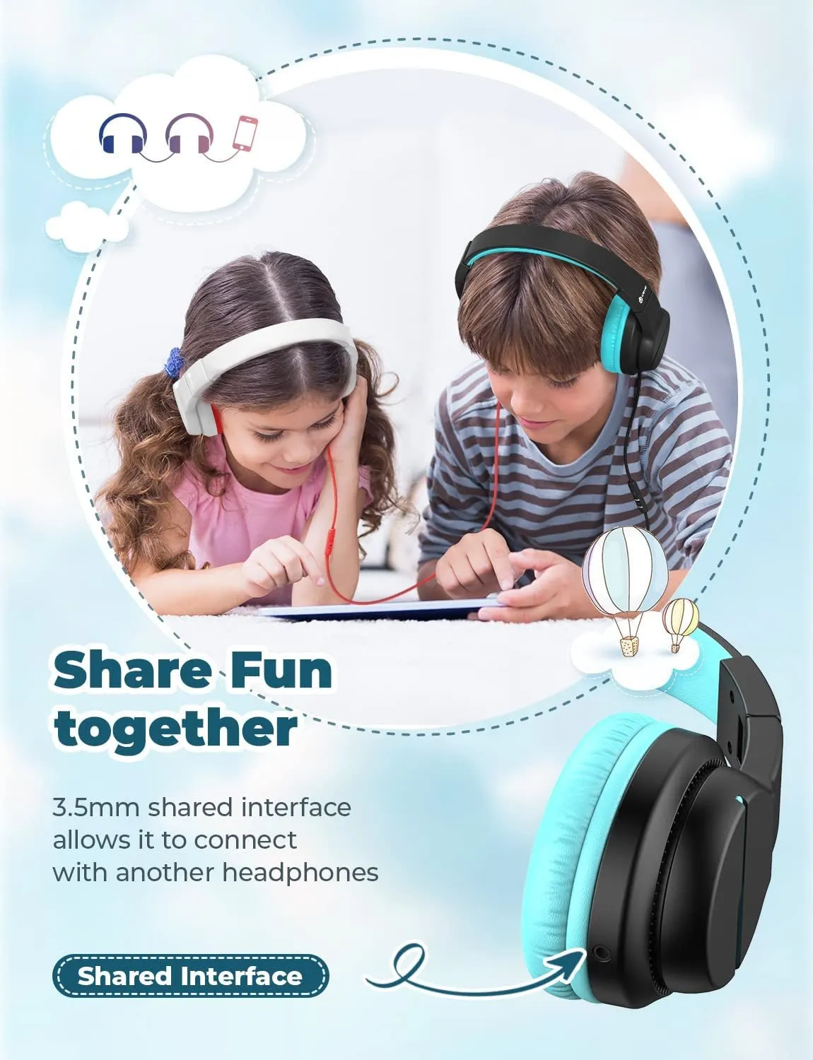 Iclever HS19 Kids Headphones with Microphone for School, Volume Limiter 85/94Db, Over-Ear Girls Boys Headphones for Kids with Shareport, Foldable Wired Headphones for Ipad/Fire Tablet/Travel (Black)