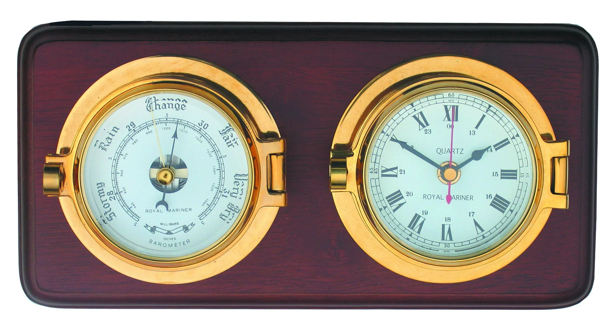 Meridian Zero Channel Range Brass Clock and Barometer mounted on a Wooden Board