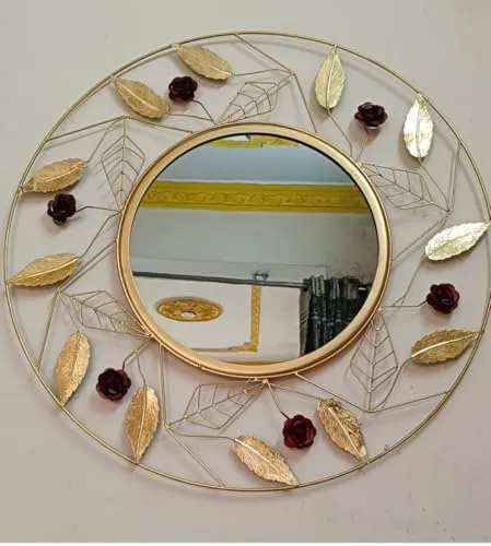 M.I Handicraft Iron Framed Round Wall Mirror, Rose Stems and Leaves Design, Golden