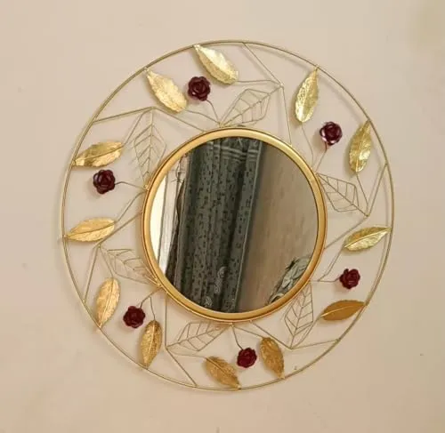 M.I Handicraft Iron Framed Round Wall Mirror, Rose Stems and Leaves Design, Golden