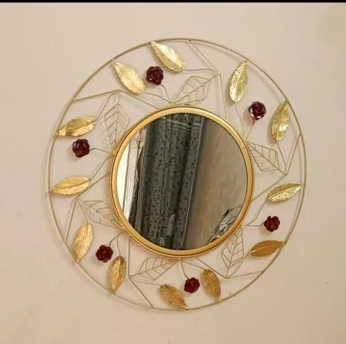 M.I Handicraft Iron Framed Round Wall Mirror, Rose Stems and Leaves Design, Golden