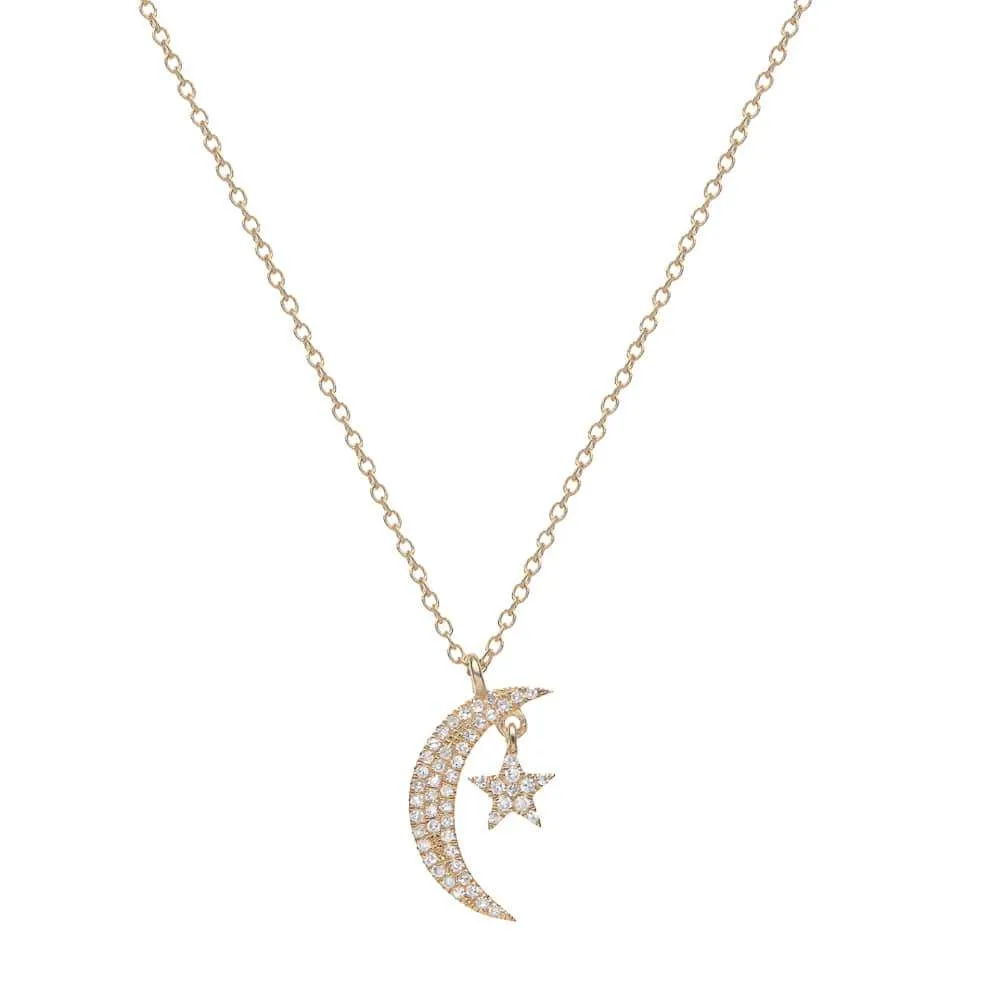 MOON AND STAR DANGLE DIAMOND NECKLACE, GOLD