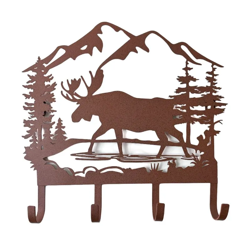 Moose Scene Metal Wall Hanging with 4 Hooks