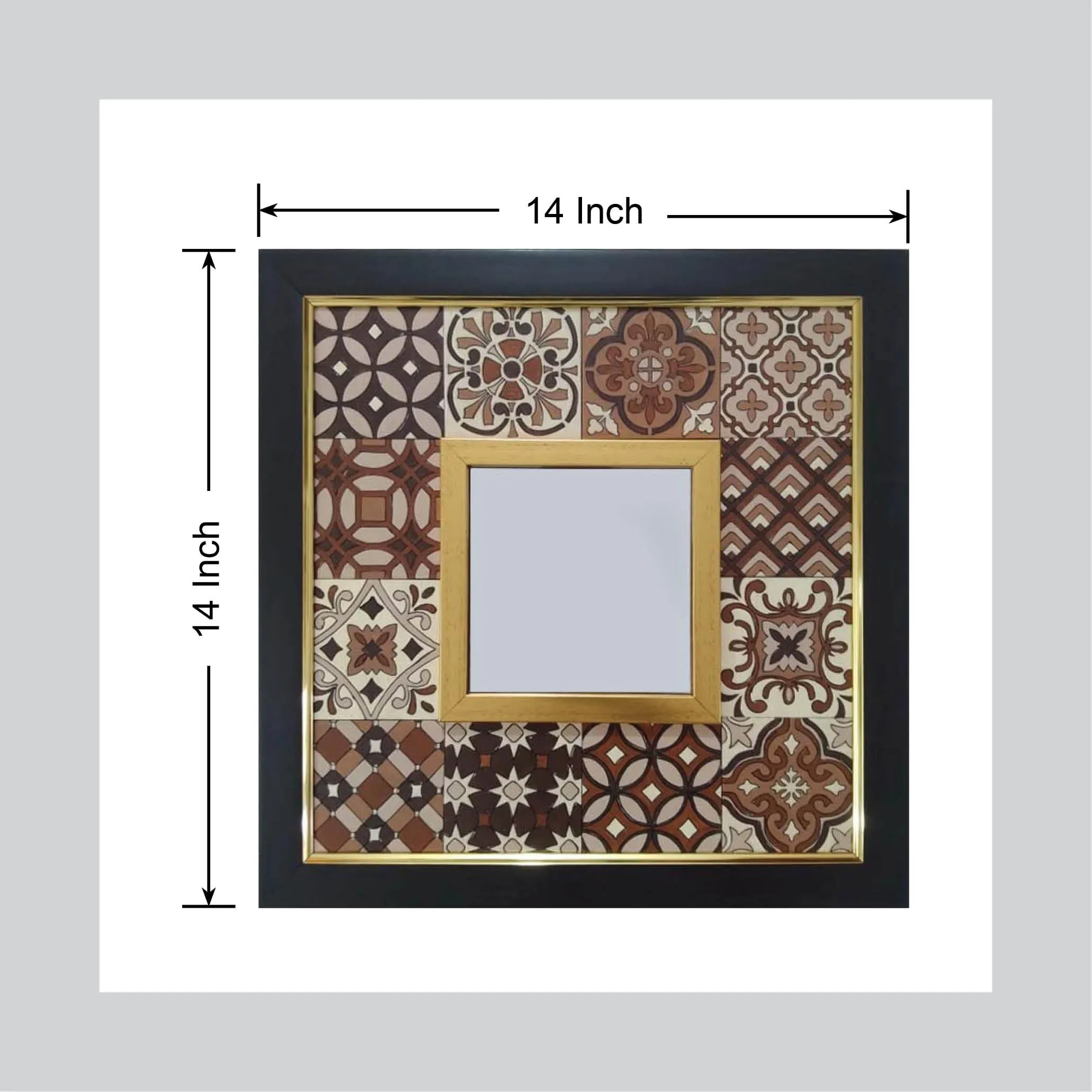 Moroccan Tile Framed Mirror - Brown, 14" x 14"