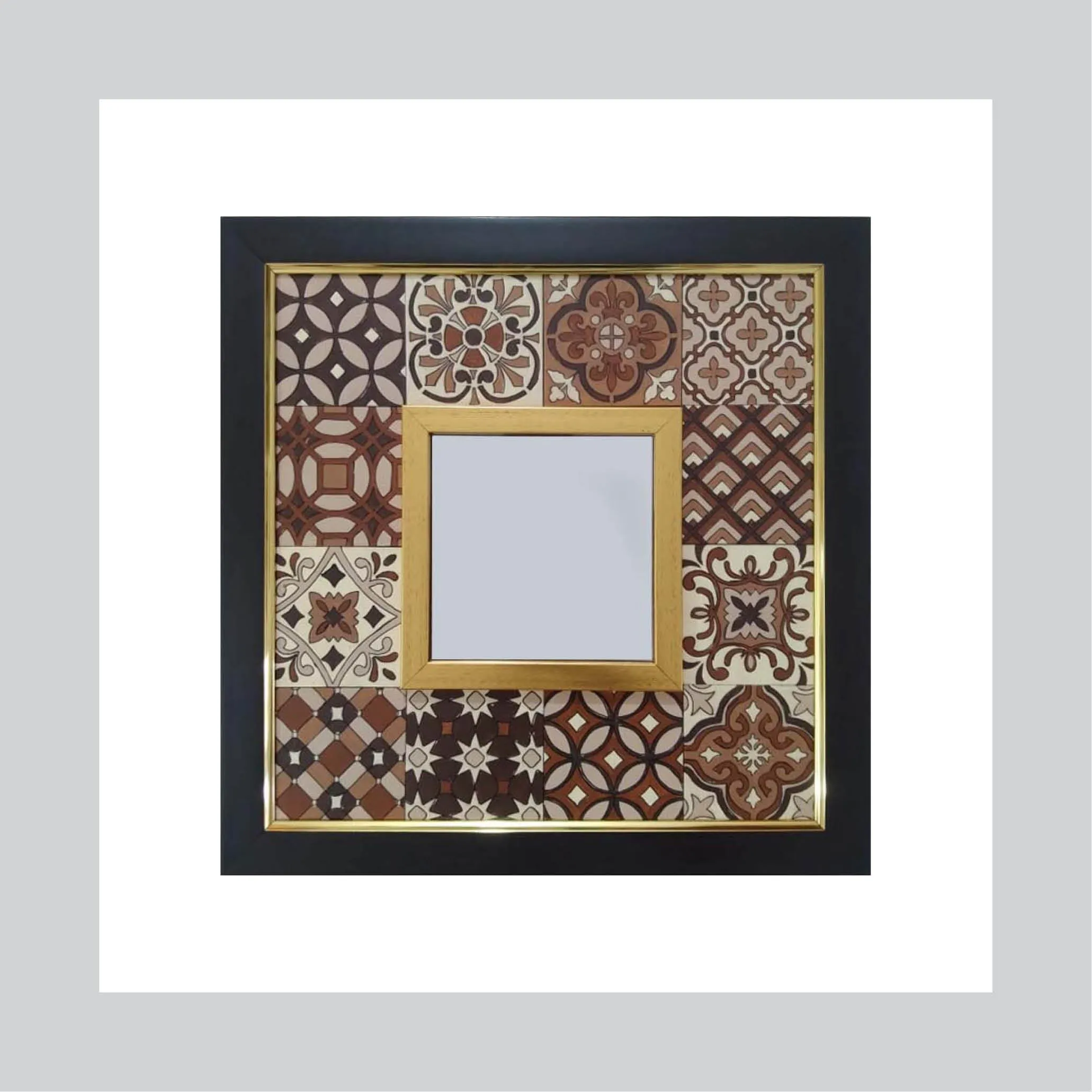 Moroccan Tile Framed Mirror - Brown, 14" x 14"