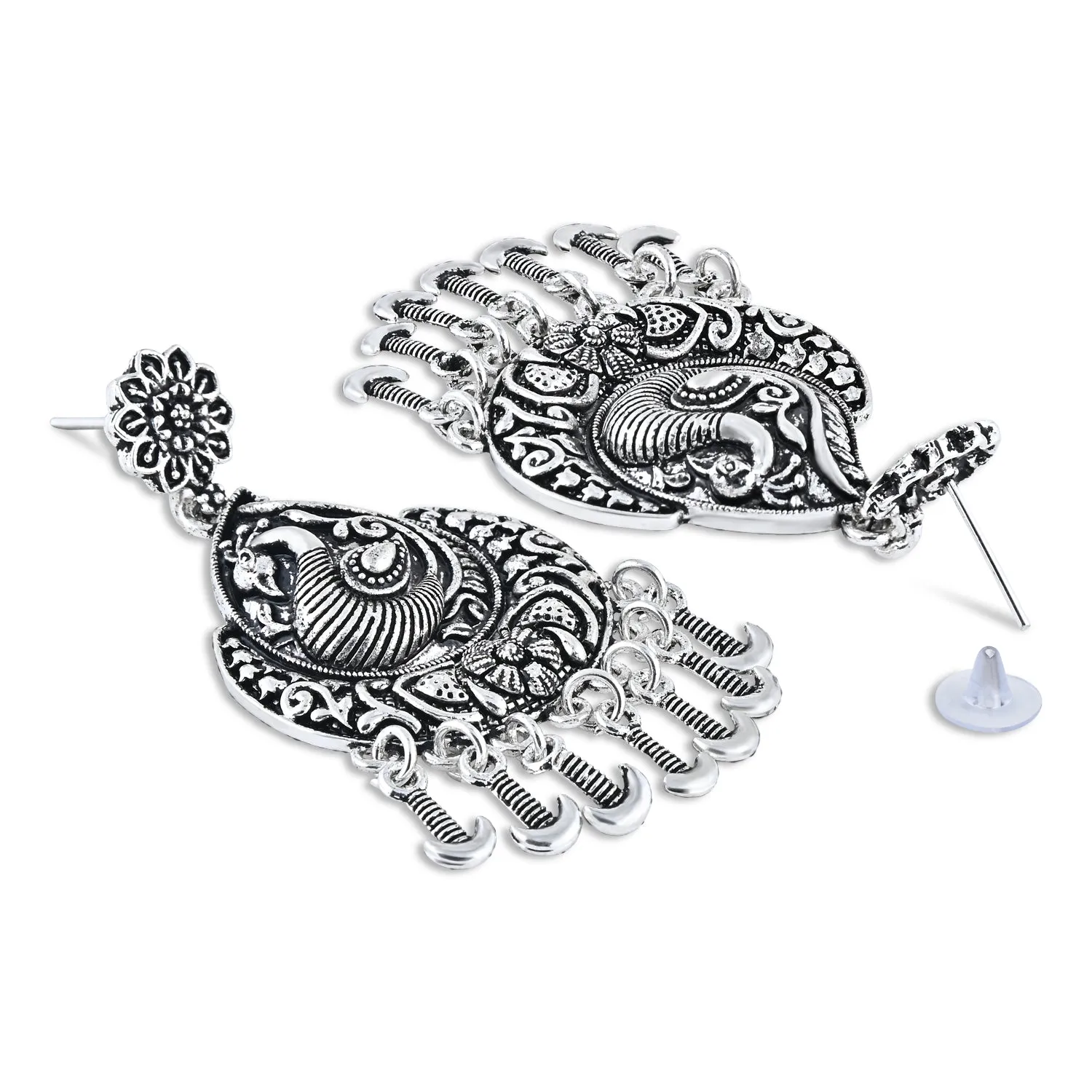 Navratri Ethnic Silver Oxidised Afghani Floral & Peacock Design Drop Earrings For Women & Girls