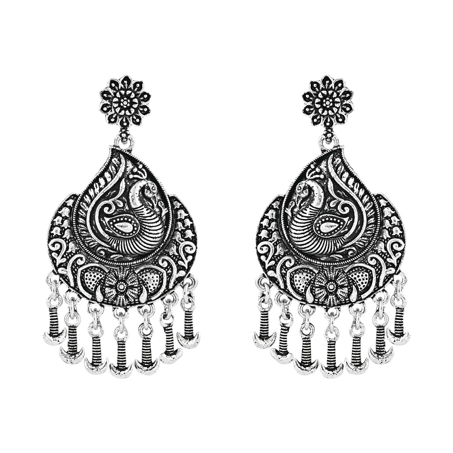 Navratri Ethnic Silver Oxidised Afghani Floral & Peacock Design Drop Earrings For Women & Girls