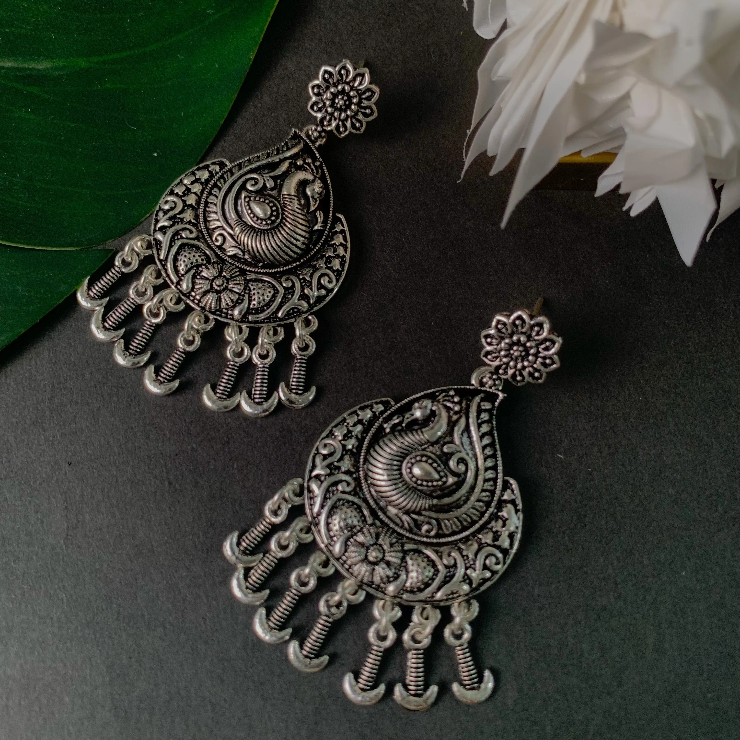 Navratri Ethnic Silver Oxidised Afghani Floral & Peacock Design Drop Earrings For Women & Girls