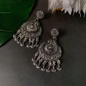 Navratri Ethnic Silver Oxidised Afghani Floral & Peacock Design Drop Earrings For Women & Girls