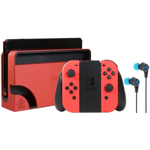 Nintendo Switch OLED Model Limited Edition - Mario Red with JLab Play Gaming Wireless Bluetooth Earbuds - Black/Blue