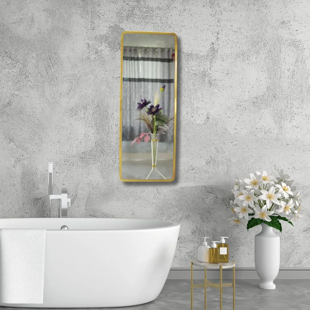 Quality Glass Modern Elegance Rectangular Wall-Mounted Mirror Metal Framed Wall Mirror Bathroom Mirror Living Room Mirror Home Decor Mirror 18 x 48 Inches Golden MF 101