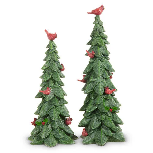 Raz 2023 O Tannenbaum 15.25" Green Trees With Cardinals And Holly, Set of 2