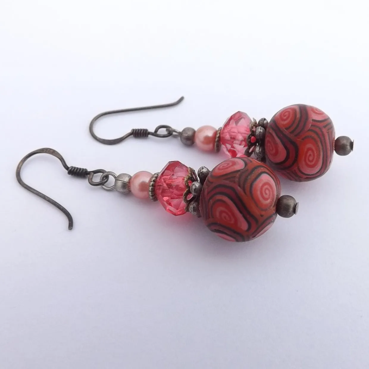 Red & Tarnished Silver Kathryn Design Handmade Bead Earrings with Sterling Silver Hooks