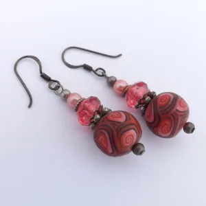 Red & Tarnished Silver Kathryn Design Handmade Bead Earrings with Sterling Silver Hooks