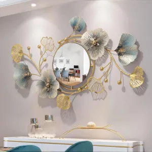 RIZIK STORE™ Iron Metal Fancy Decorative Clear Image Wall Mount Floral Wall Mirror with Hook for Hanging on Wall for Bedroom, Home Decor, wash Basin, Vanity, Makeup, Bathroom (Floral Gold Blue)