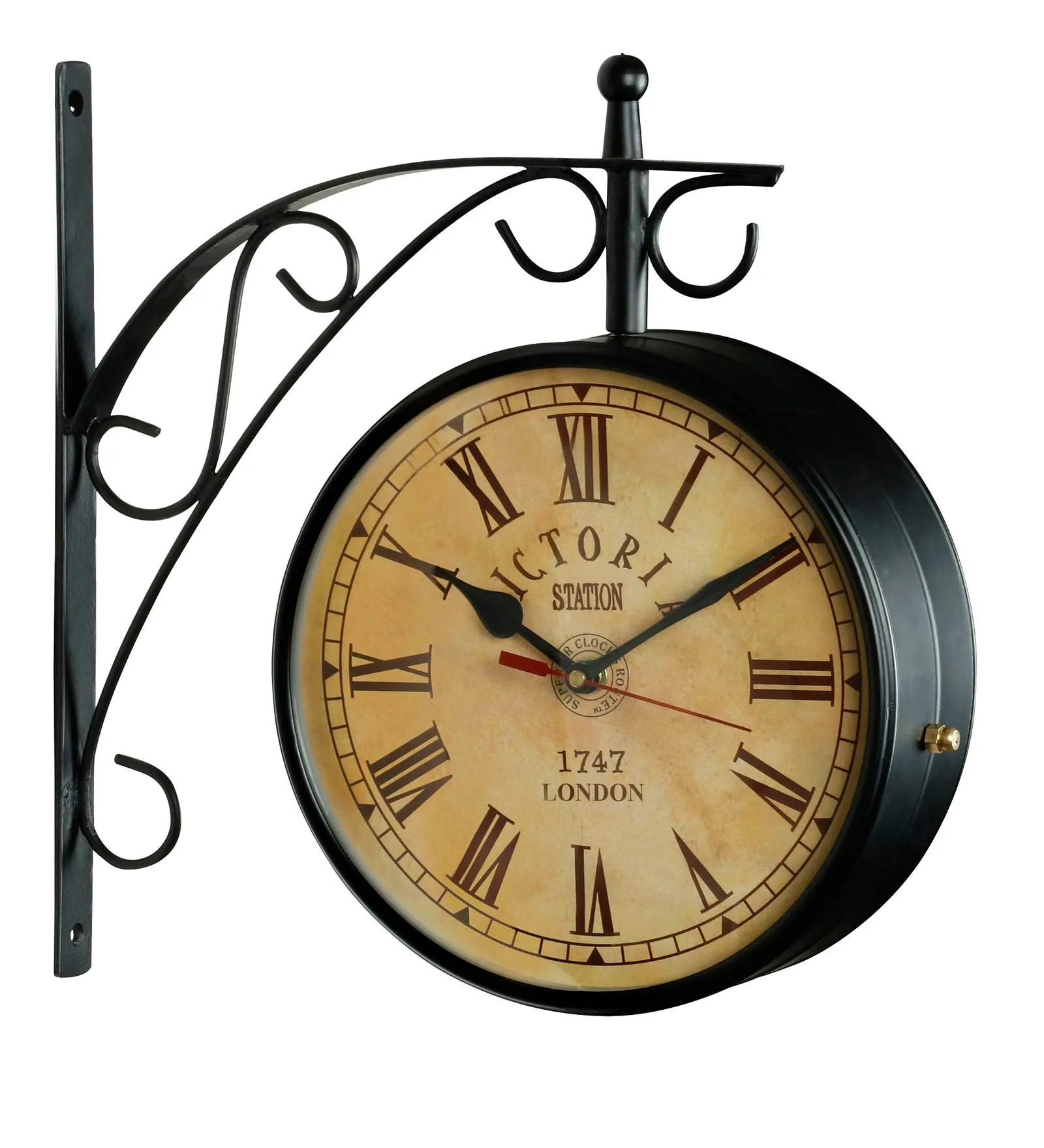 SAREE HOUSE 12 Inch Metal Analog Vintage Railway Station Antique Style Double Sided Wall Clock (Black)