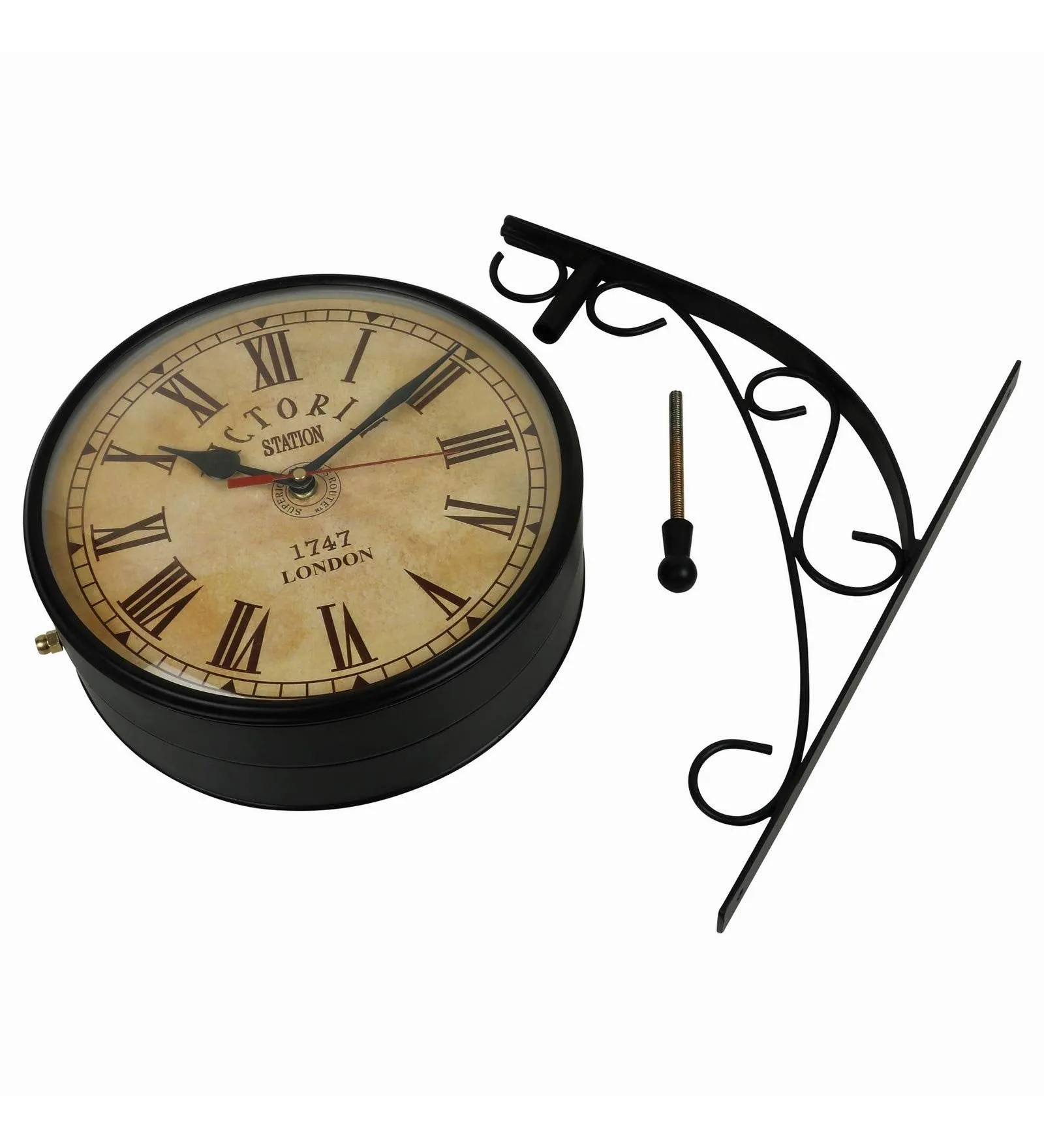 SAREE HOUSE 12 Inch Metal Analog Vintage Railway Station Antique Style Double Sided Wall Clock (Black)