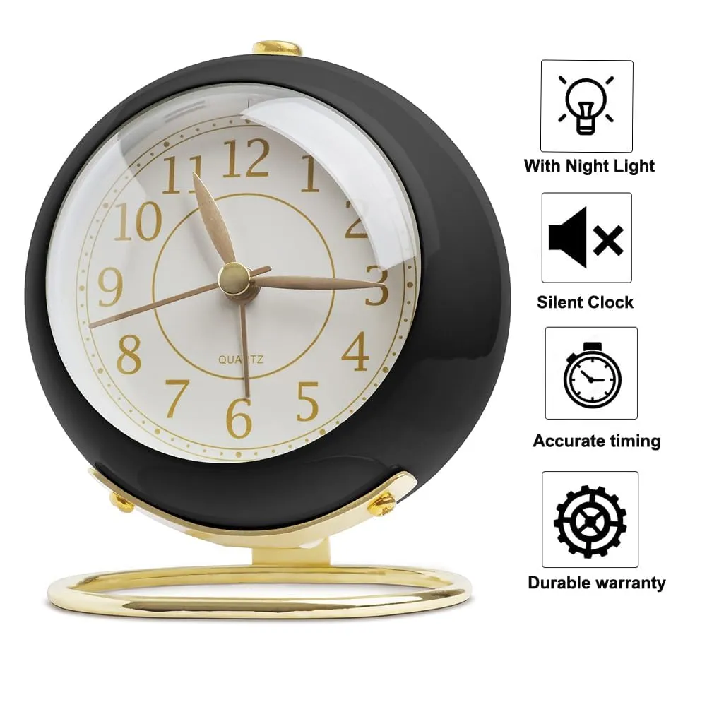 Small Table Clocks, Classic Non-Ticking Tabletop Alarm Clock with Backlight, Desk Clock with HD Glass for Living Room Bedroom Bedside Indoor Decor (Black)